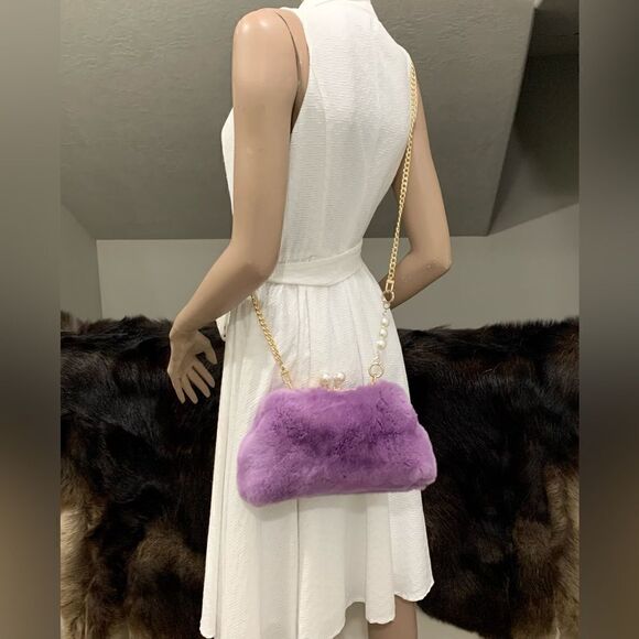 Handmade Real Rex Rabbit Fur Kisslock Wristlet/Crossbody & Mink Fur Bag Charm - Picture 10 of 16